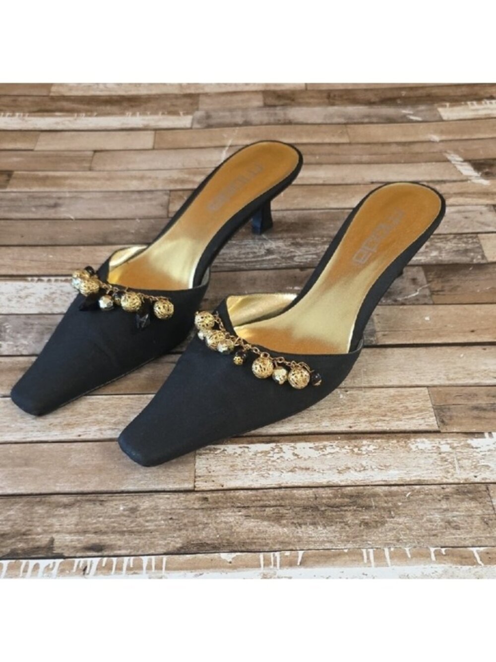 Elegant Black & Gold Heeled Mules By Moda